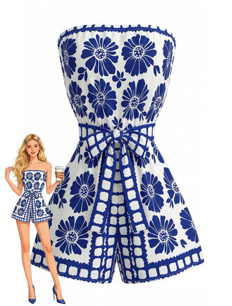 Blau 1970er Blumen Trägerlos Gürtel Romper