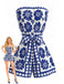 Blau 1970er Blumen Trägerlos Gürtel Romper