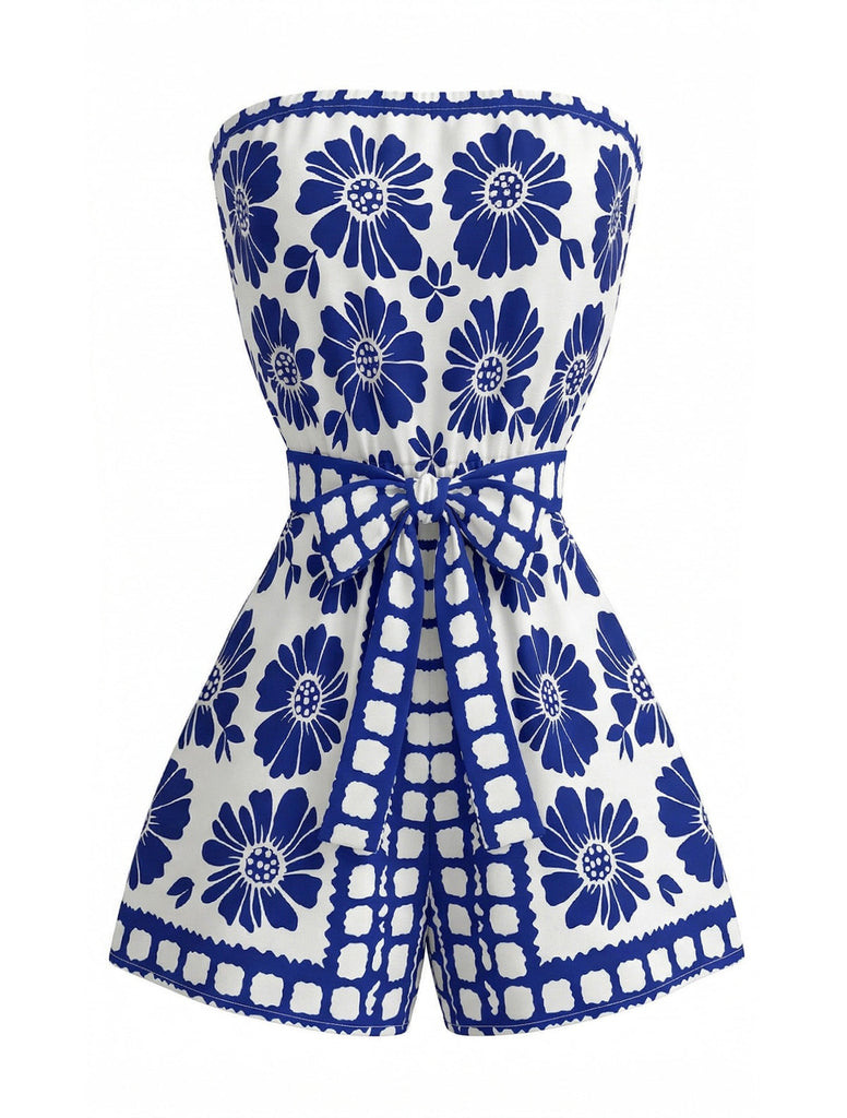 Blau 1970er Blumen Trägerlos Gürtel Romper