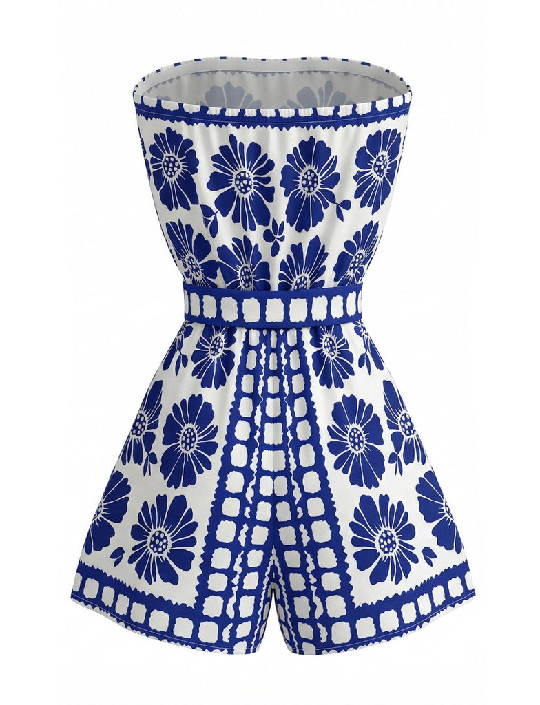 Blau 1970er Blumen Trägerlos Gürtel Romper