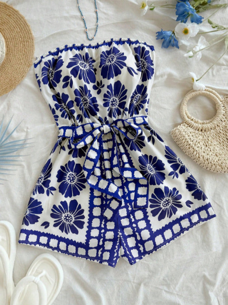 Blau 1970er Blumen Trägerlos Gürtel Romper
