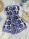 Blau 1970er Blumen Trägerlos Gürtel Romper