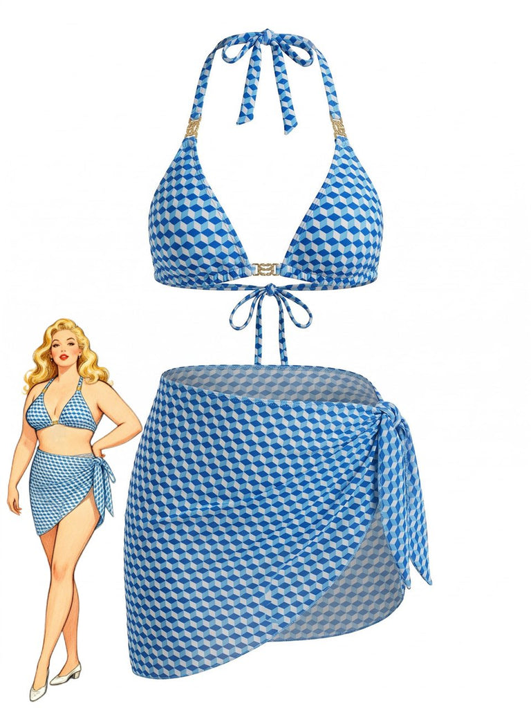 3PCS Blau 1970er Halfter Geometrisch 3D Würfel Bikini-Set & Abdeckung Up