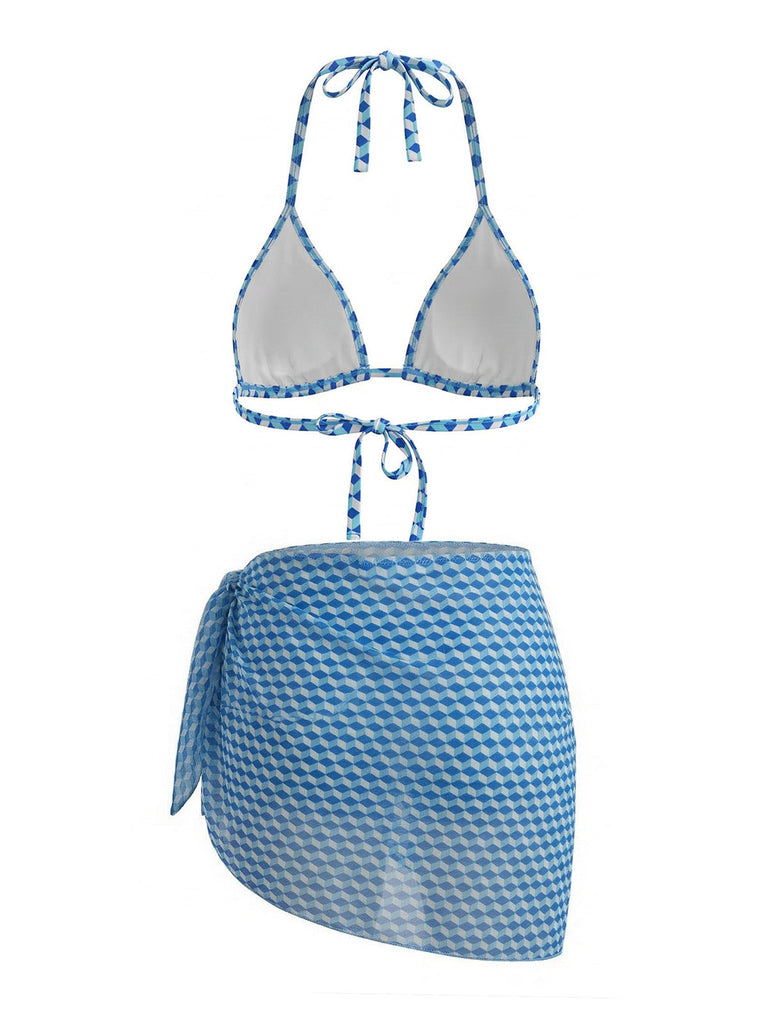 3PCS Blau 1970er Halfter Geometrisch 3D Würfel Bikini-Set & Abdeckung Up