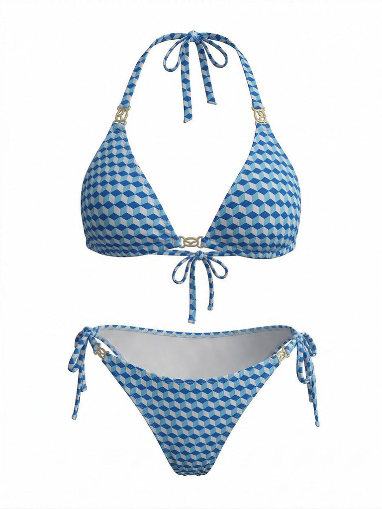 3PCS Blau 1970er Halfter Geometrisch 3D Würfel Bikini-Set & Abdeckung Up