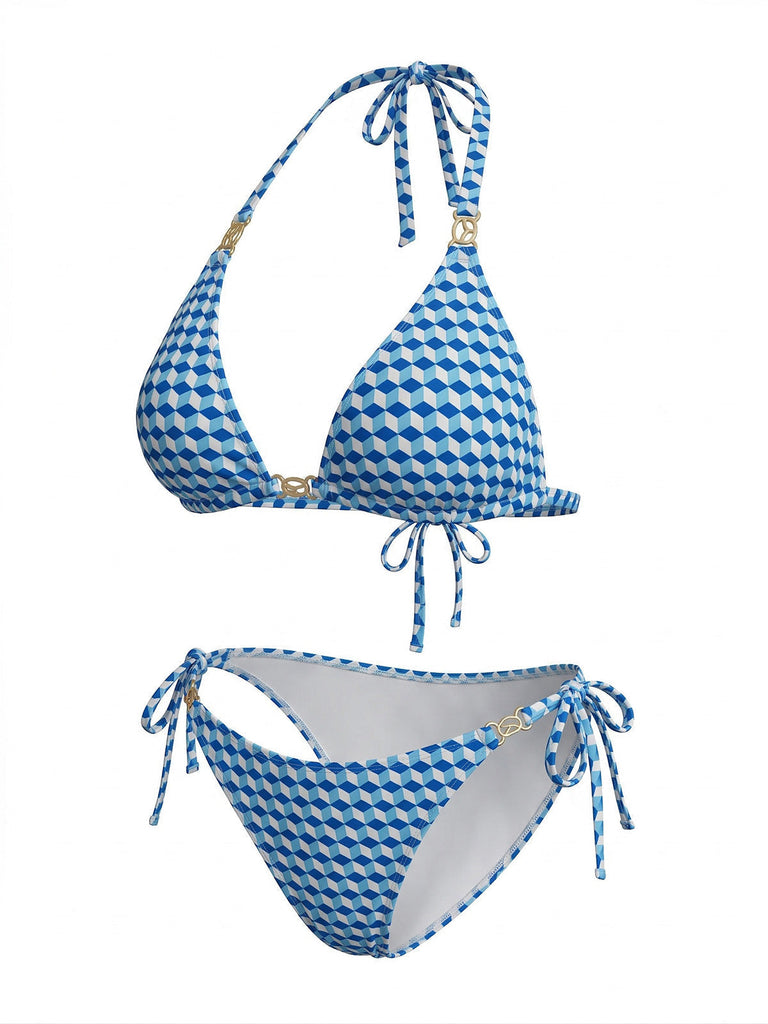 3PCS Blau 1970er Halfter Geometrisch 3D Würfel Bikini-Set & Abdeckung Up