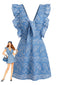 Blaues 70er Minikleid mit Paisley-Stickerei und Rüschen
