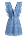 Blaues 70er Minikleid mit V-Ausschnitt und Rüschen