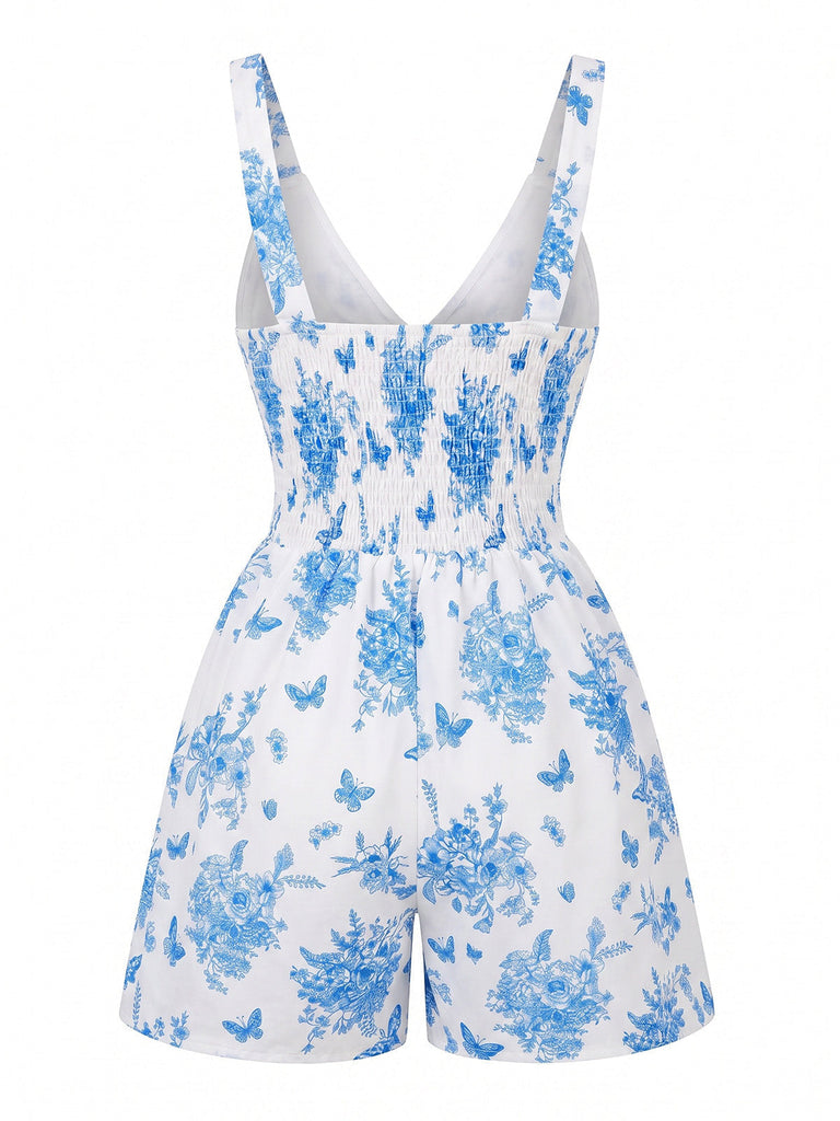Blauer 70er Romper mit V-Ausschnitt und Blumen