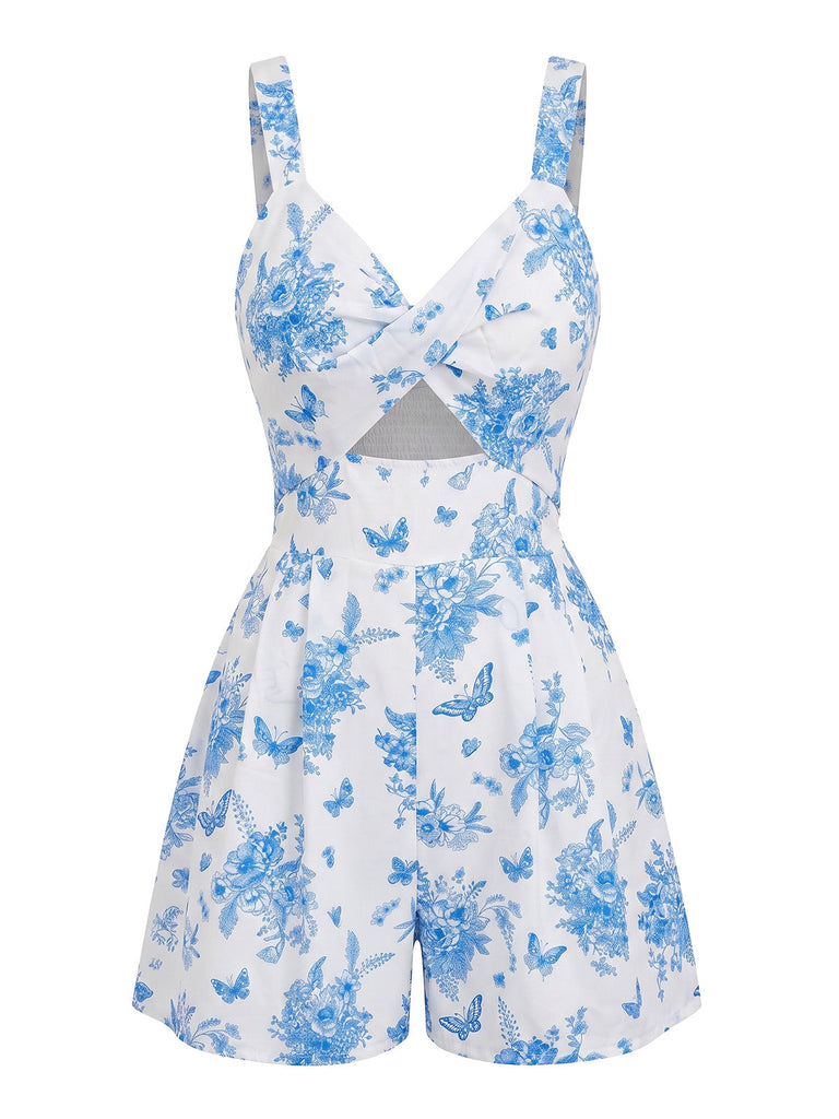 Blauer 70er Romper mit V-Ausschnitt und Blumen