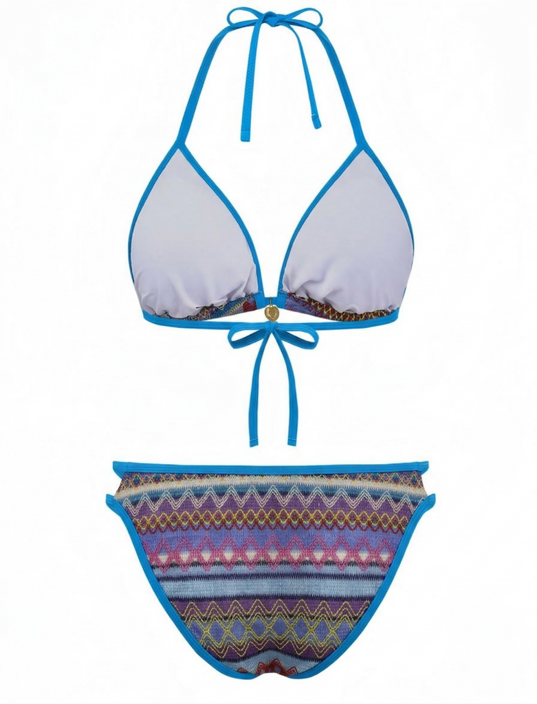 Blaues Boho-Bikini-Set im geometrischen Strickstil der 1970er Jahre mit Neckholder – Rückansicht