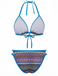 Blaues Boho-Bikini-Set im geometrischen Strickstil der 1970er Jahre mit Neckholder – Rückansicht