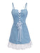 Blaues 80er Jeans-Korsett-Kleid mit Spaghettiträger und Spitze