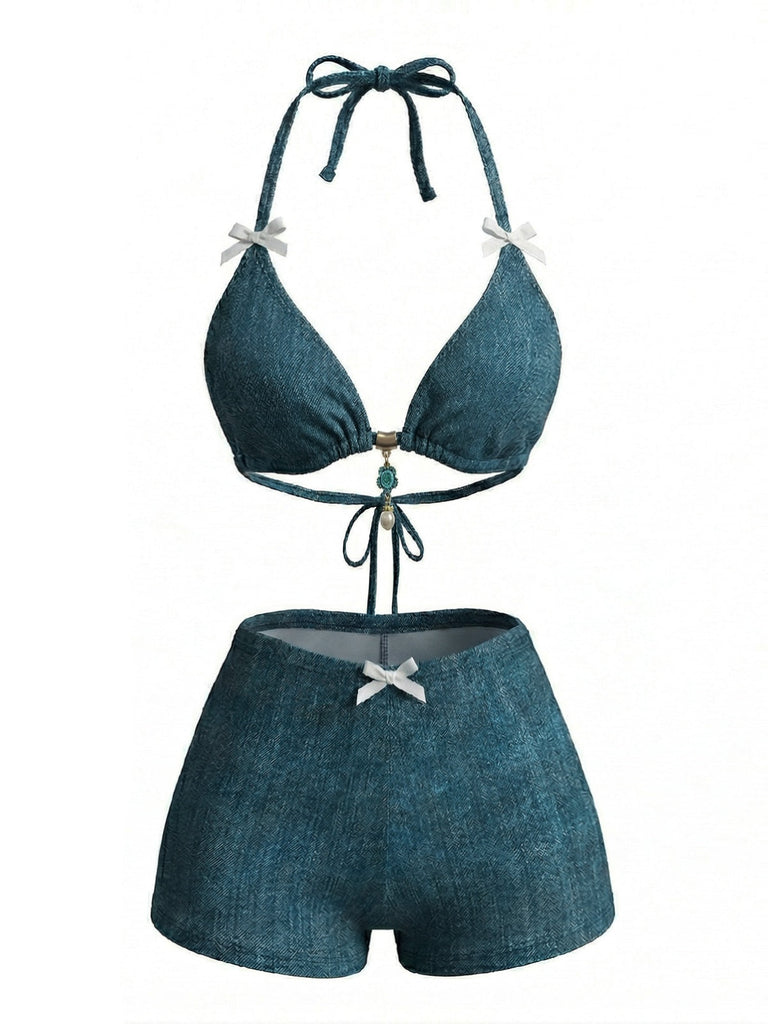 Blaues 80er Jeans-Bikini-Set mit Neckholder und Schleife