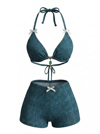 Blaues 80er Jeans-Bikini-Set mit Neckholder und Schleife