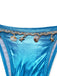 Glänzendes blaues Metallic-Bikini-Set im Stil der 1980er Jahre mit Muscheldetails, perfekt für einen glamourösen Retro-Strandlook oder einen sommerlichen Poolurlaub.