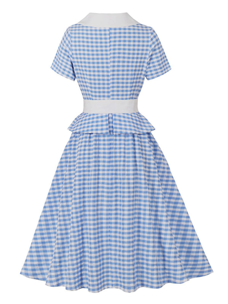 Blaues kariertes Rüschen-Swingkleid aus den 1950er Jahren