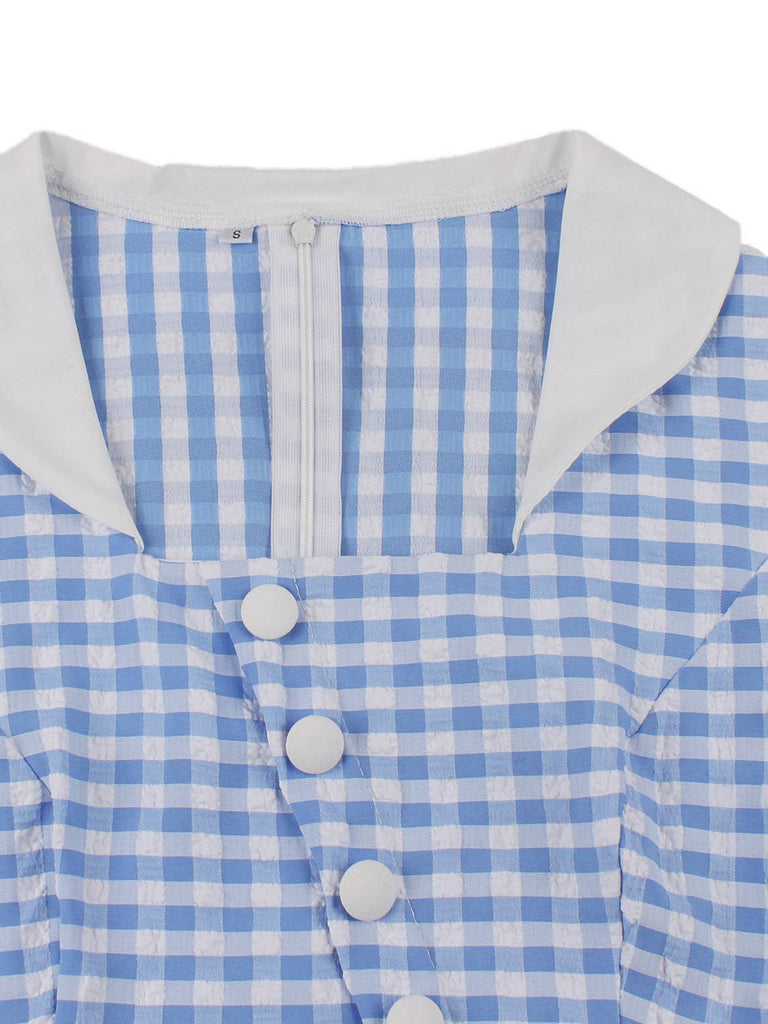 Blaues kariertes Rüschen-Swingkleid aus den 1950er Jahren