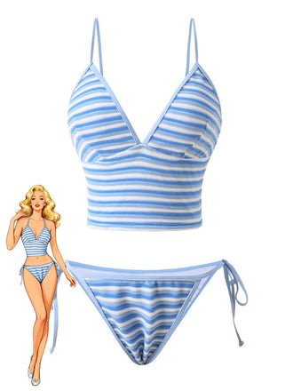 Blau & Weiß 1940er Streifen Seite Binden Tankini Set
