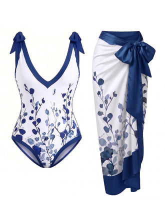 Weißer & Blauer 50er Badeanzug & Cover-Up mit Blumen