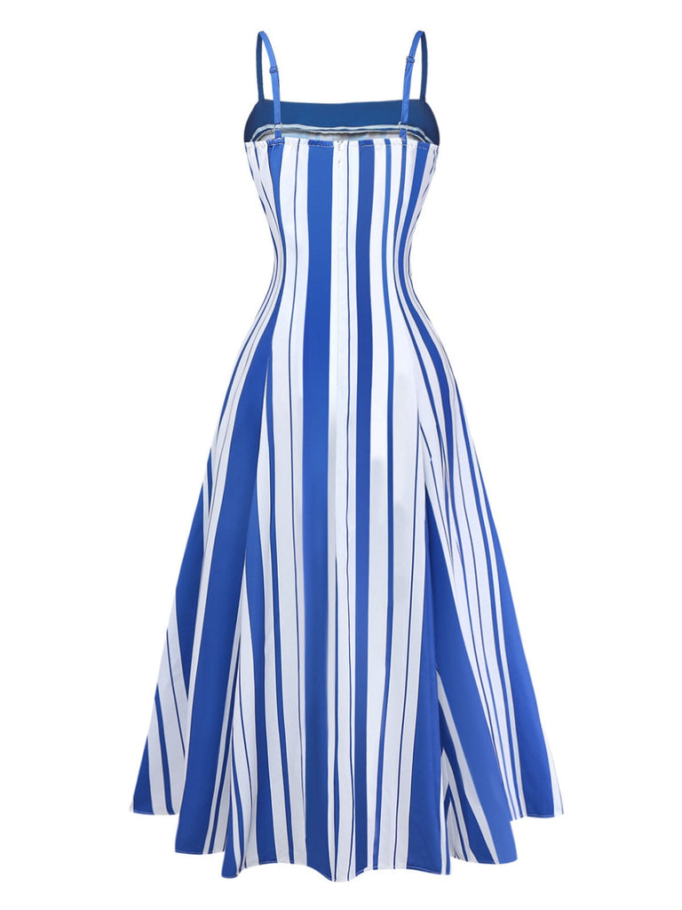 Blau-weiß gestreiftes Midikleid im Stil der 1950er Jahre mit Spaghettiträgern