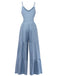 Blauer, einfarbiger Jumpsuit aus den 1930er Jahren mit tiefem V-Ausschnitt, Stufenrock und Raffungen, Rückansicht