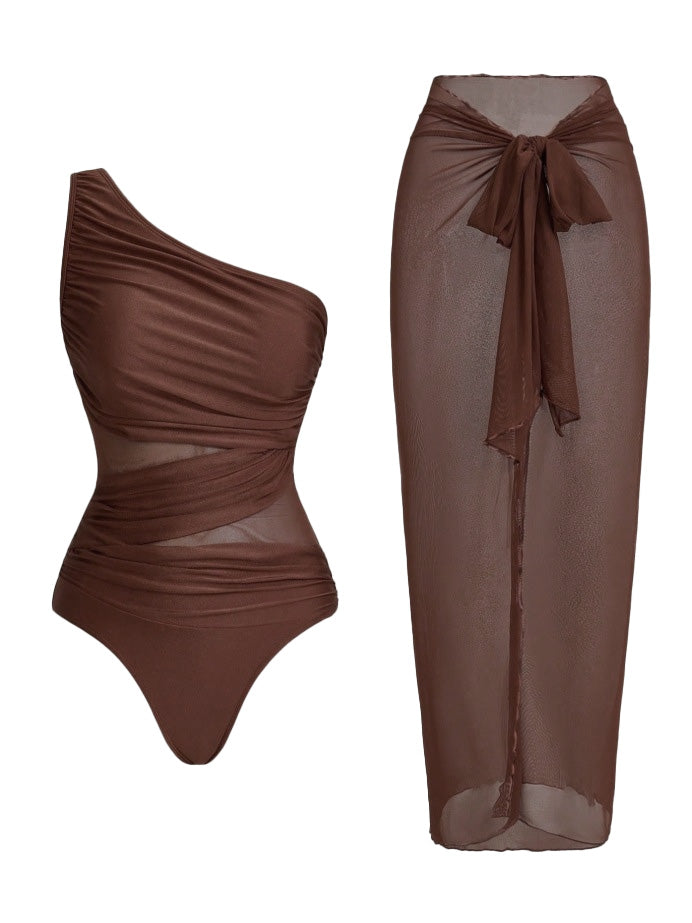 Badeanzug und Strandkleid im Stil der 1950er Jahre mit asymmetrischem Träger, Raffungen und Bauchkontrolle – Vintage-Badeanzug im Pin-up-Stil