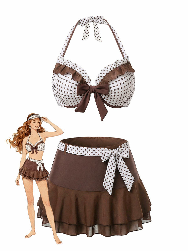 Braun 1970er Polka Punkte Rüschen Halter Rock Bademode