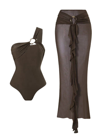 Brauner 30er Badeanzug & Rüschen-Cover-Up