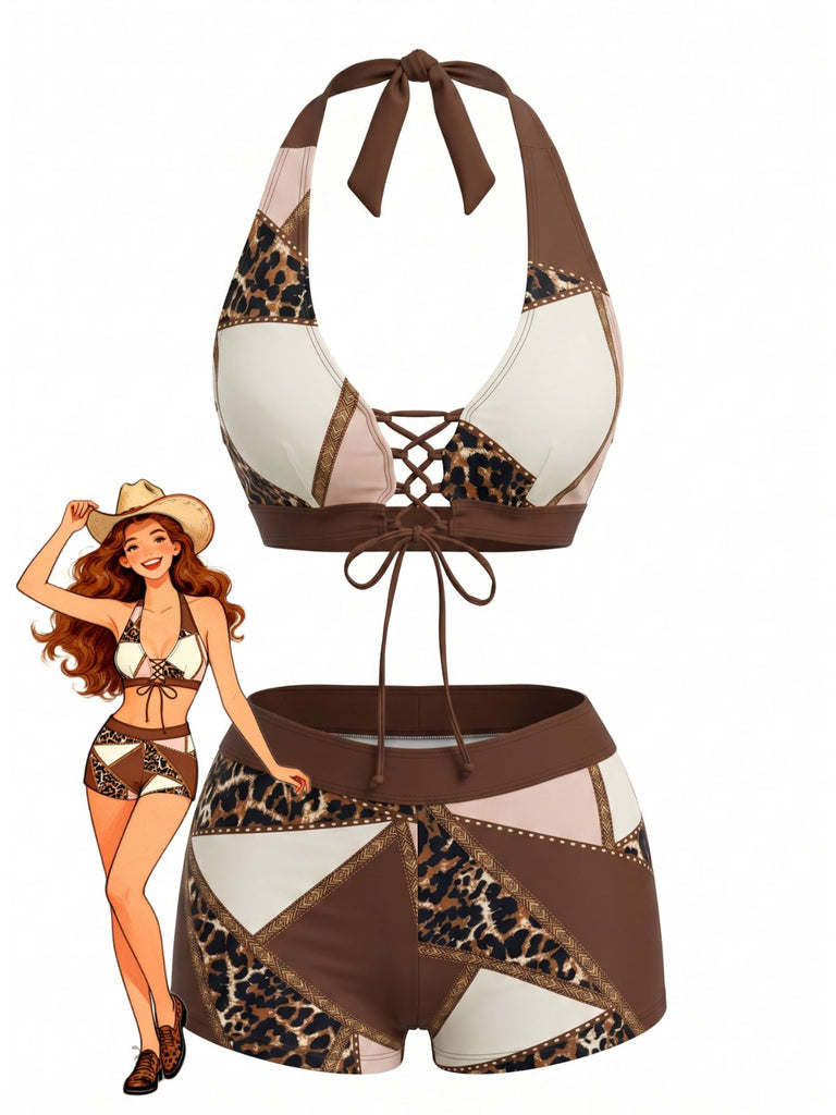 Leoparden-Printes & Braunes 60er Tankini-Set mit Schnürung und Western
