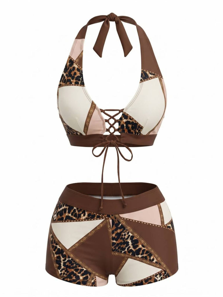 Leoparden-Printes & Braunes 60er Tankini-Set mit Schnürung und Western