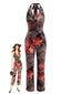 Brauner 70er Jumpsuit mit Wasserfallausschnitt und Blumenmuster
