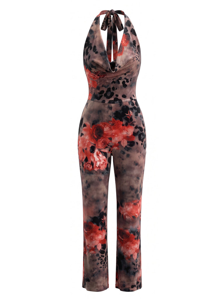 Brauner 70er Jumpsuit mit Wasserfallausschnitt und Neckholder