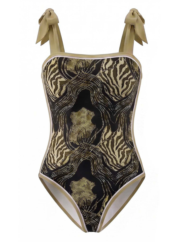 Brauner 70er Badeanzug & Cover-Up mit Print und Zebra