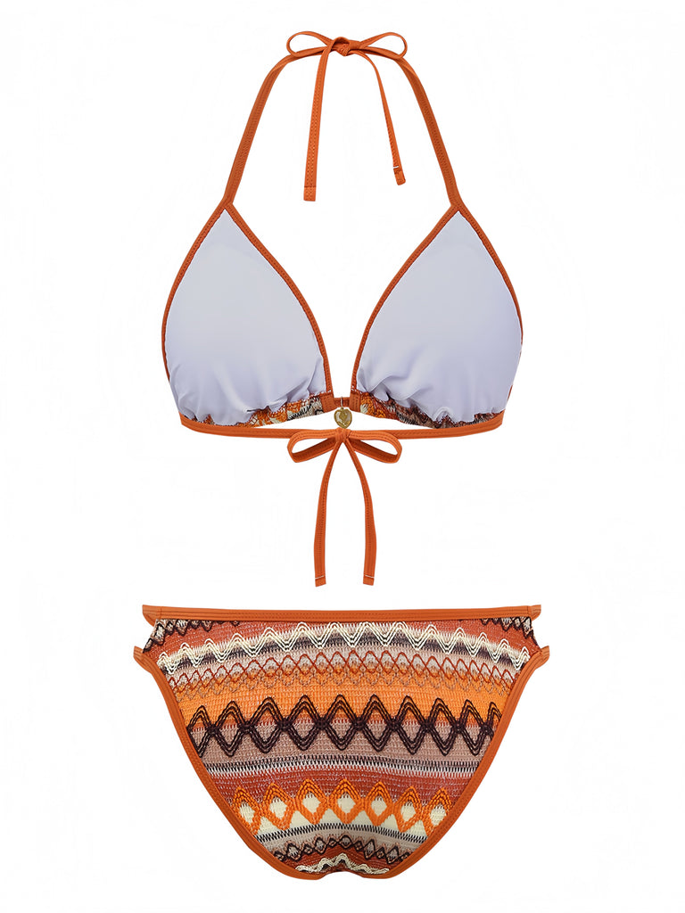 Braunes Boho-Bikini-Set im geometrischen Strickstil der 1970er Jahre mit Neckholder, Rückansicht
