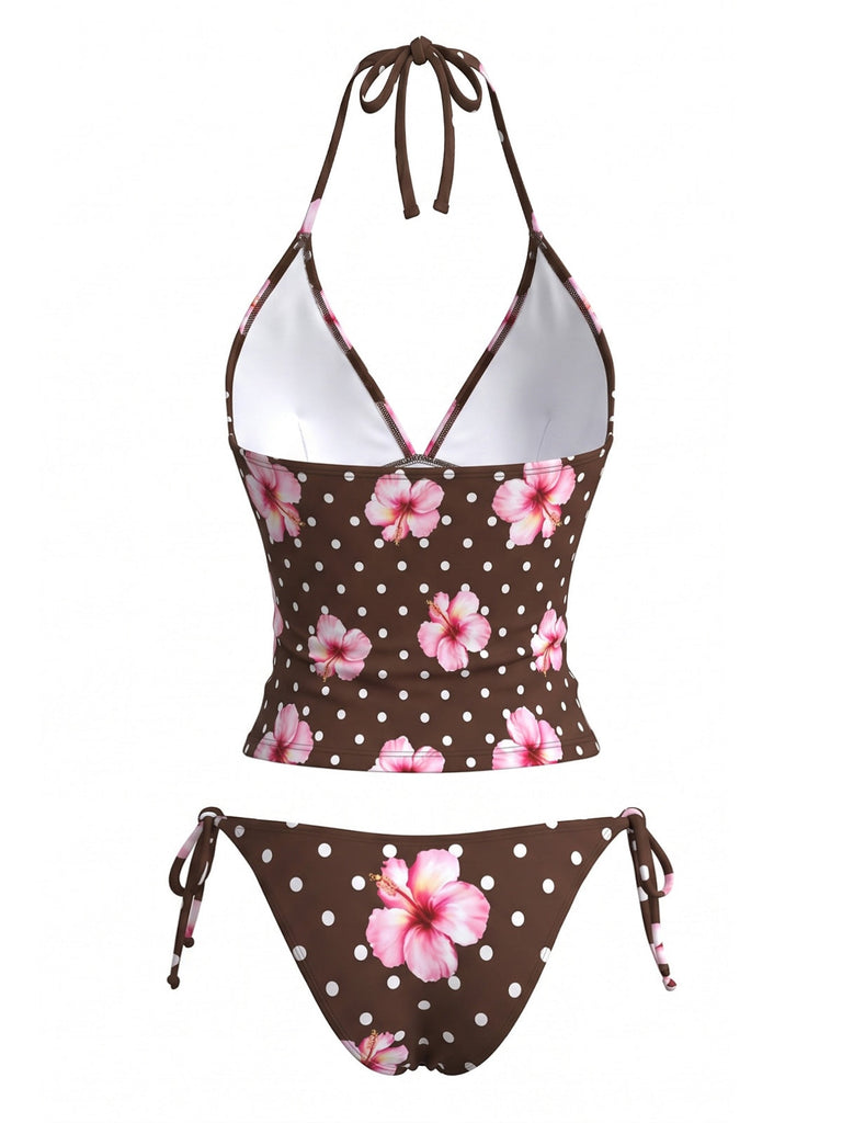 Braun 80er Bikini-Set & Shorts mit Polka-Dots und Neckholder