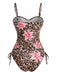 Braunes Tankini-Set im Stil der 1940er Jahre mit Leoparden- und Blumenmuster und vorderem Ausschnitt, perfekt für einen schmeichelhaften Retro-Strandlook oder einen tropischen Urlaub.
