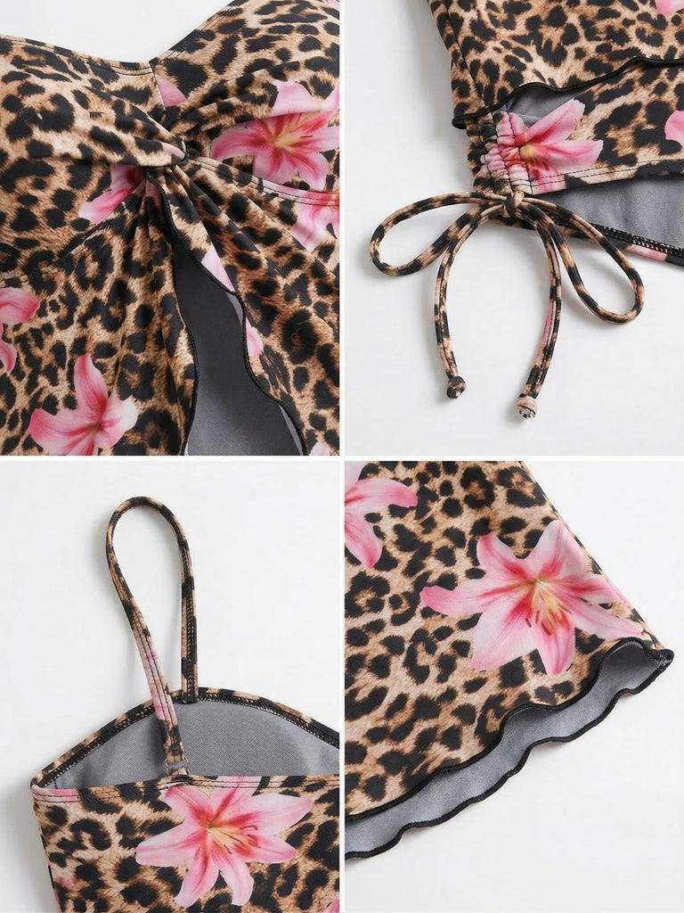 Braunes Tankini-Set im Stil der 1940er Jahre mit Leoparden- und Blumenmuster und vorderem Ausschnitt, perfekt für einen schmeichelhaften Retro-Strandlook oder einen tropischen Urlaub.