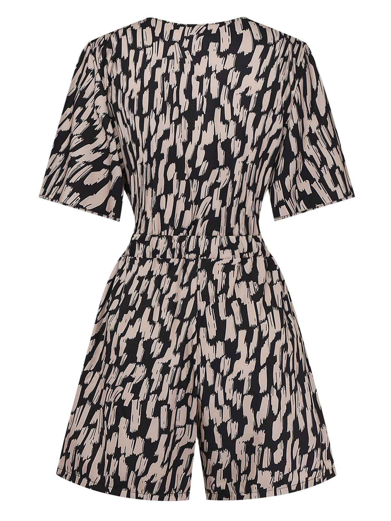 Braun 1940er V-Ausschnitt Leopard Satin Bindung Romper