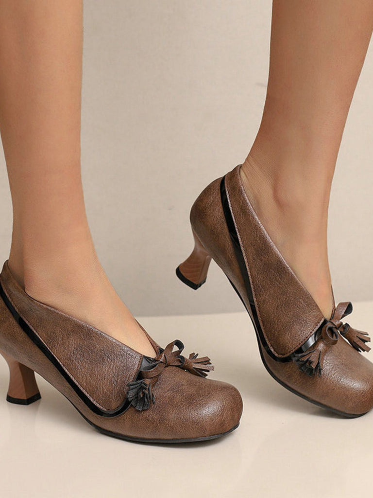 Retro Bogen PU Rundspitze Blockabsatz Schuhe