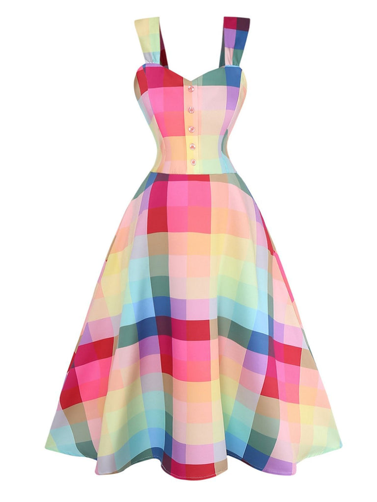 Bunt 1950er Karo Breite Träger A-Linie Kleid