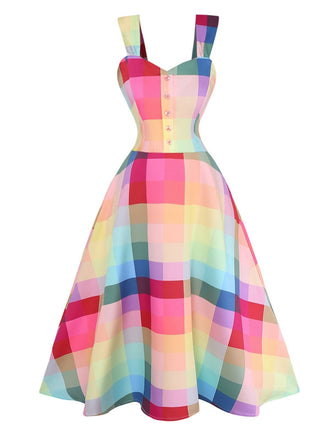 Bunt 1950er Karo Breite Träger A-Linie Kleid