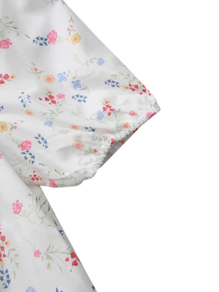 Weiß 1930er Blumen Quadratischer Hals Puffärmel Kleid