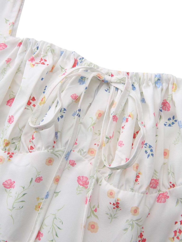 Weiß 1930er Blumen Quadratischer Hals Puffärmel Kleid