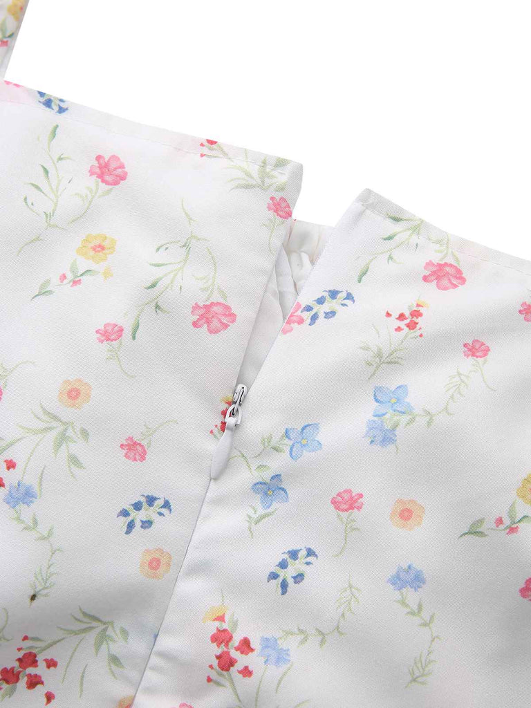 Weiß 1930er Blumen Quadratischer Hals Puffärmel Kleid