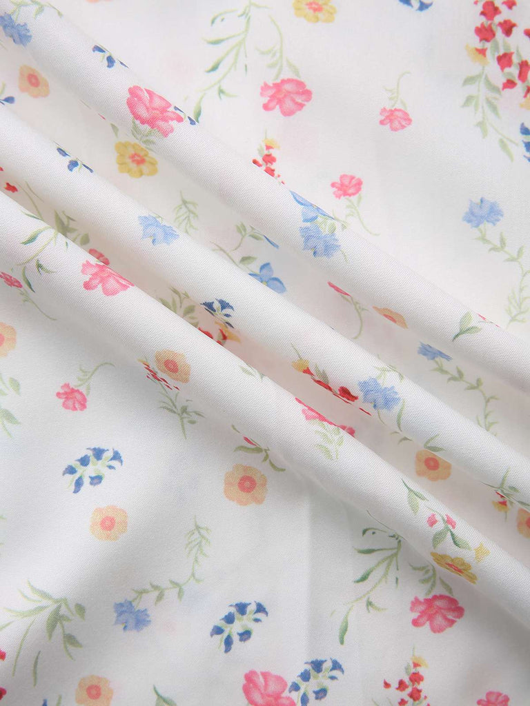 Weiß 1930er Blumen Quadratischer Hals Puffärmel Kleid