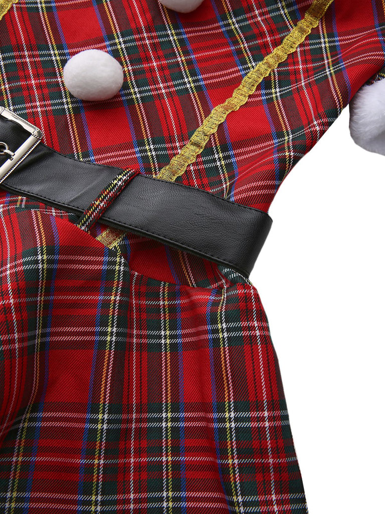 Rot 1960er Schulterfrei Plaid Weihnachten Kleid Set