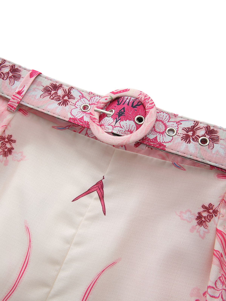 2PCS Rosa 1970er Bohemian Blumen Bluse & Hochgeschnitten Shorts