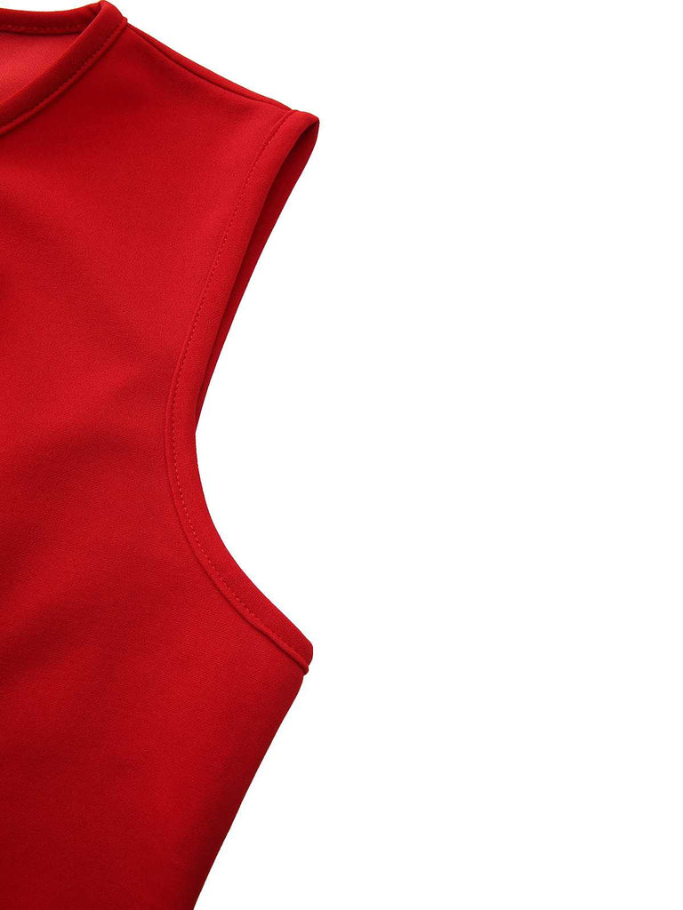 Rot 1960er Bogen Hals Rüsche Saum Ärmellos Kleid