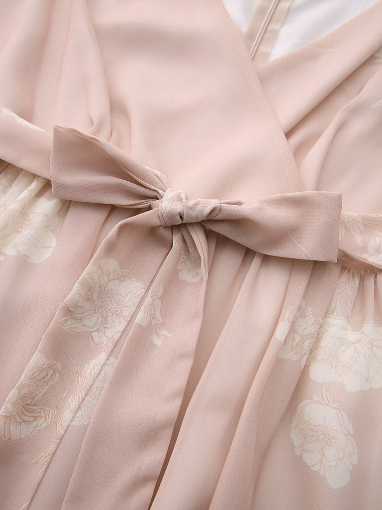 Rosa 1940er V-Ausschnitt Blumen Gürtel Ärmelloses Kleid